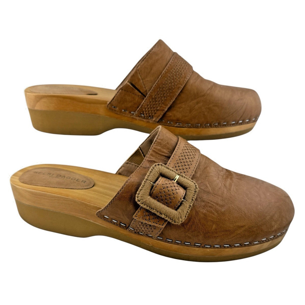 Kelsi Dagger Brooklyn Brown Leather Slip On Mules w Buckle Women's Size 10 EUC